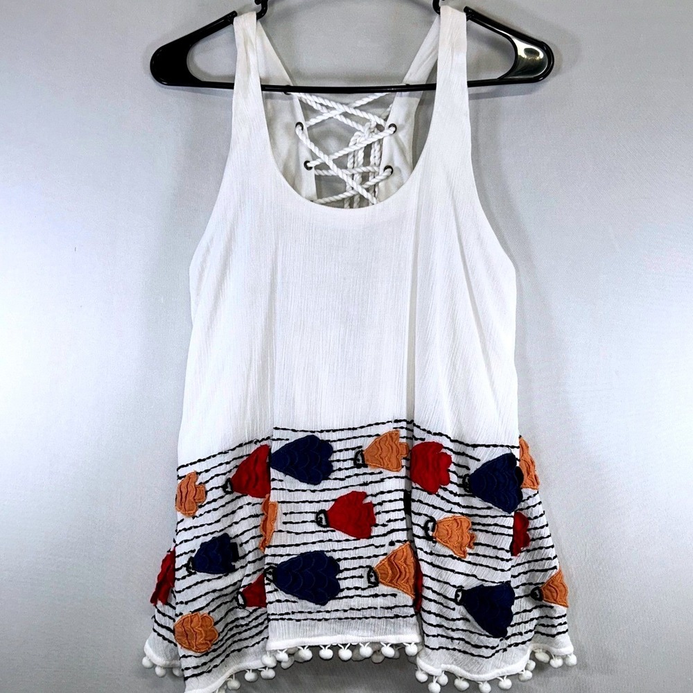 Let Me Be Embroidered Boho Tank‎ Lace-Up Back Pom Pom Hem Festival Peplum